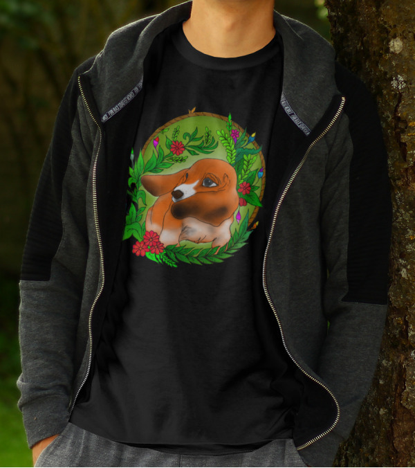 Dog Surrounded By Vibrant Blossoms And Greenery T-Shirt