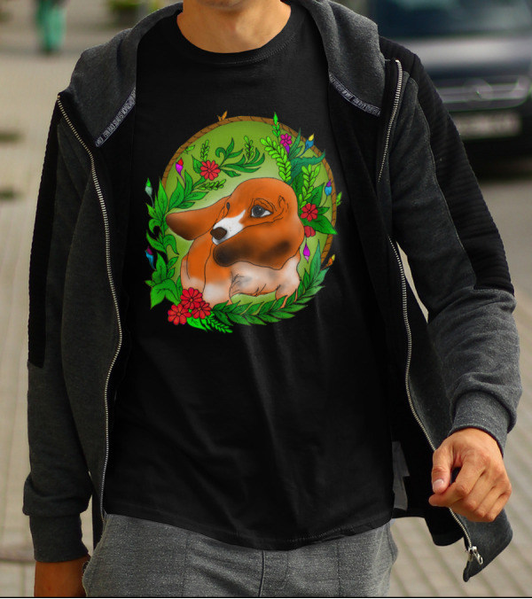 Dog Surrounded By Vibrant Blossoms And Greenery T-Shirt