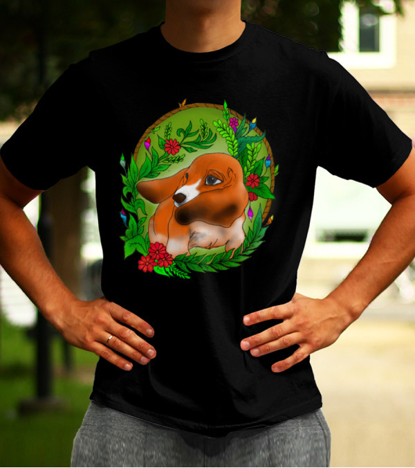 Dog Surrounded By Vibrant Blossoms And Greenery T-Shirt