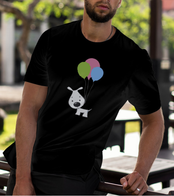 Dog With Colorful Balloons Floating Cartoon T-Shirt