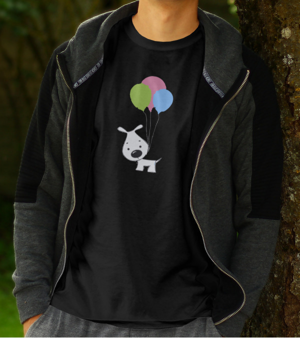 Dog With Colorful Balloons Floating Cartoon T-Shirt