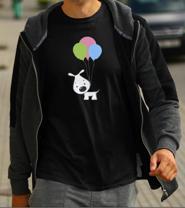 Dog With Colorful Balloons Floating Cartoon T-Shirt