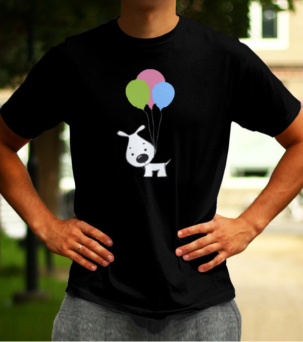 Dog With Colorful Balloons Floating Cartoon T-Shirt