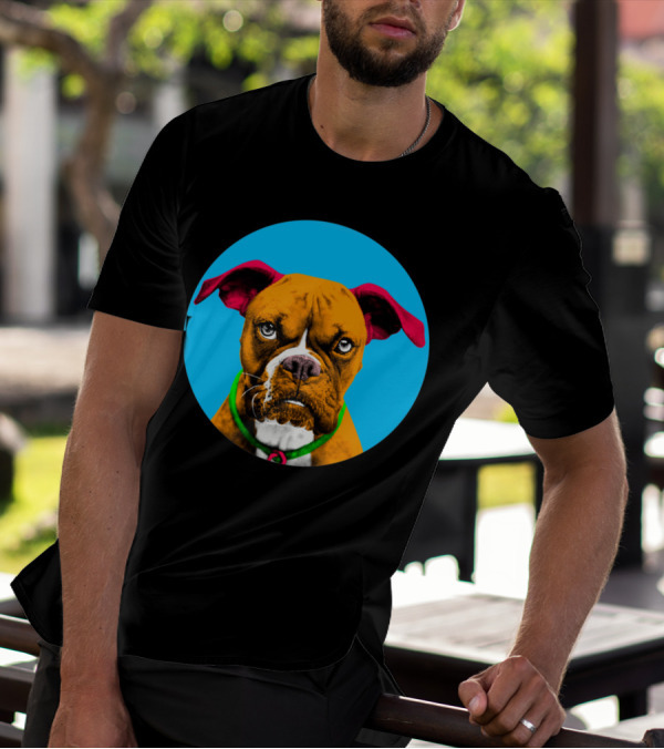 Boxer Dog With Red Ears In Blue Bubble Circle T-Shirt
