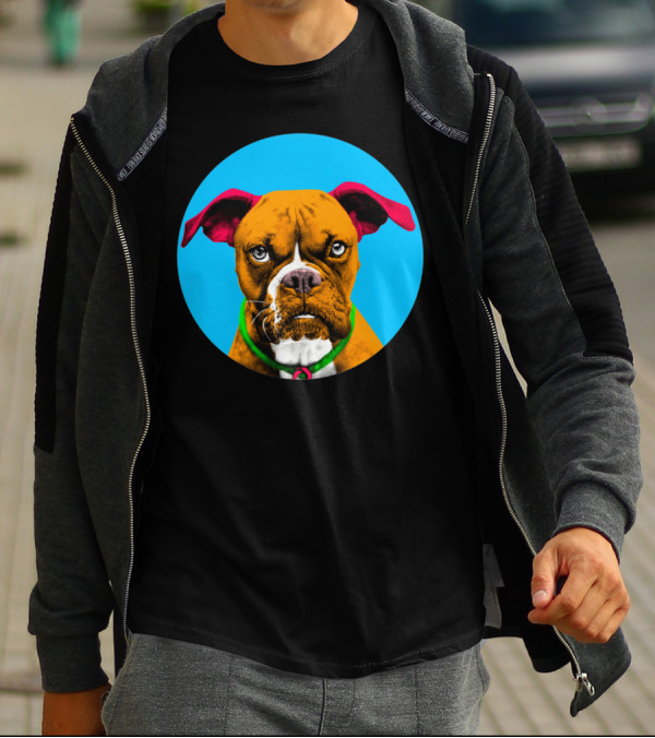 Boxer Dog With Red Ears In Blue Bubble Circle T-Shirt