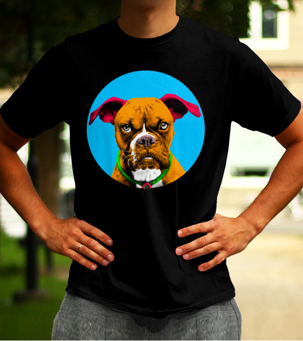 Boxer Dog With Red Ears In Blue Bubble Circle T-Shirt