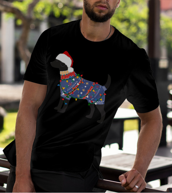 Black Lab Festive Christmas Lights Sweater Santa Hat T-Shirt