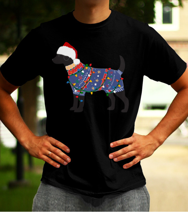 Black Lab Festive Christmas Lights Sweater Santa Hat T-Shirt