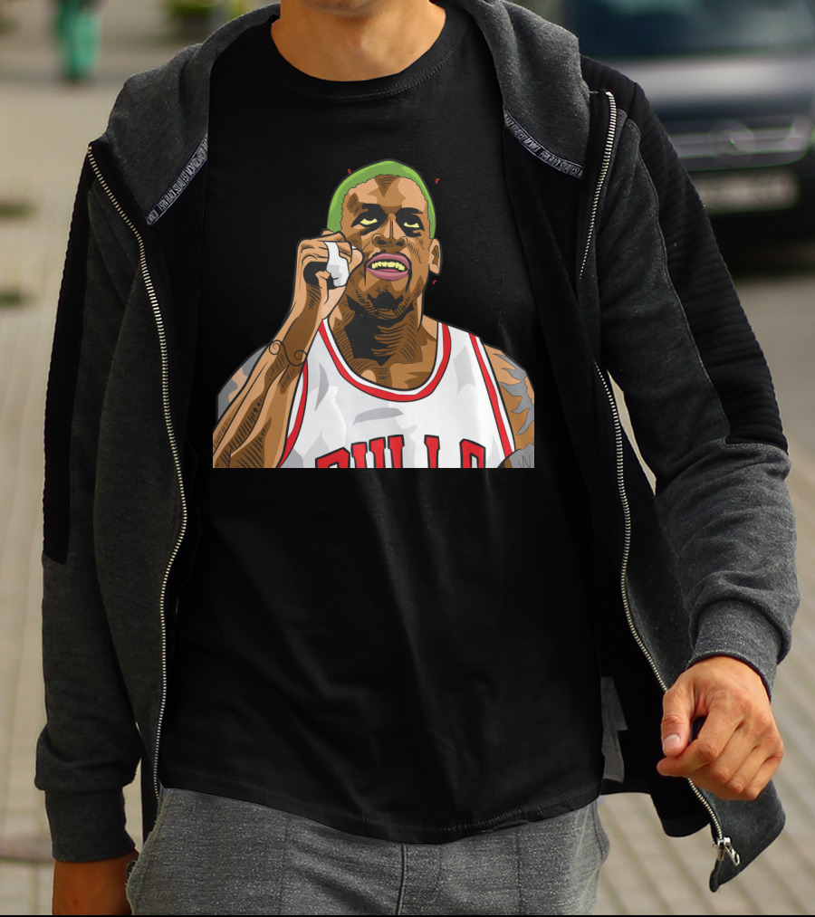Mitchell And Ness Dennis Rodman Bulls Iconic Green Hair Basketball Legend T-Shirt