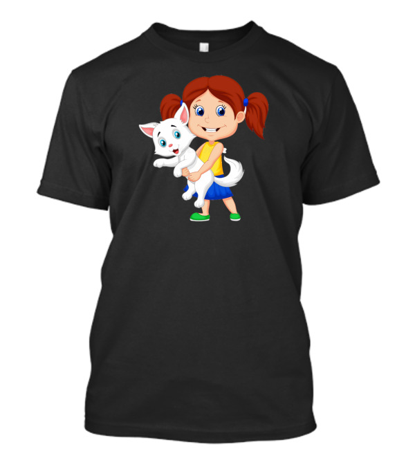 Girl Holding White Dog In Blue Skirt And Yellow Top T-Shirt