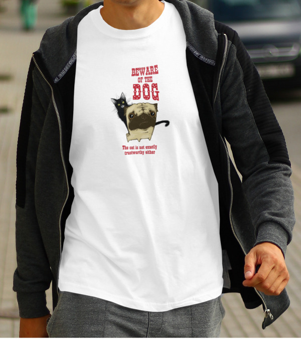 Beware Of The Dog The Cat Is Not Exactly Trustworthy Either Pug And Black Cat T-Shirt