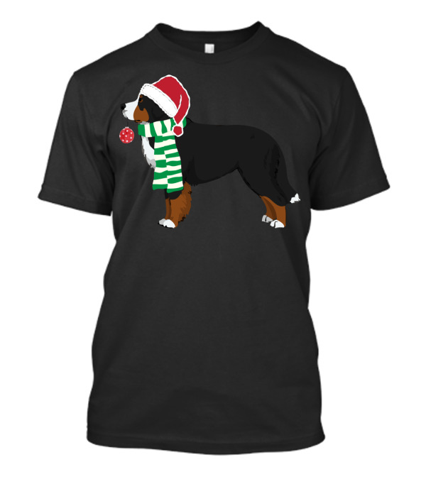 Bernese Mountain Dog In Santa Hat And Scarf Holding Christmas T-Shirt
