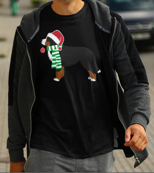 Bernese Mountain Dog In Santa Hat And Scarf Holding Christmas T-Shirt