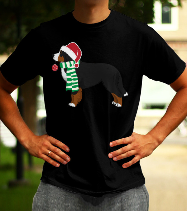 Bernese Mountain Dog In Santa Hat And Scarf Holding Christmas T-Shirt