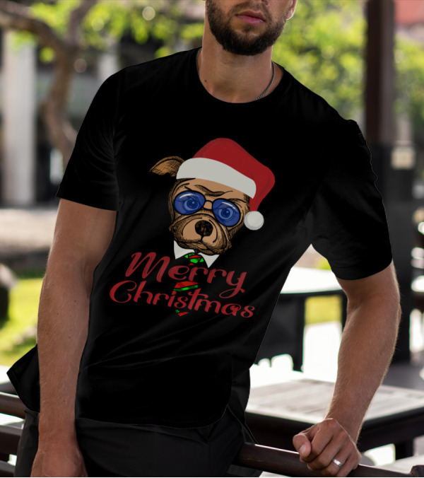 Merry Christmas Santa Dog With Sunglasses And Red Santa Hat T-Shirt