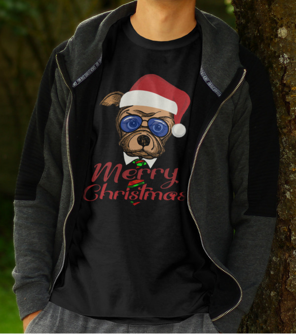 Merry Christmas Santa Dog With Sunglasses And Red Santa Hat T-Shirt