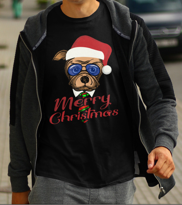 Merry Christmas Santa Dog With Sunglasses And Red Santa Hat T-Shirt