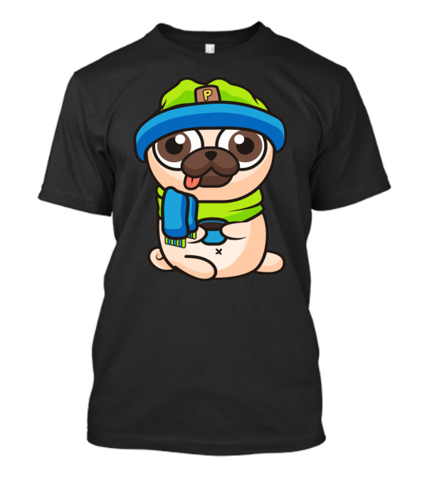 Pug Dog In Cozy Winter Hat And Scarf With Controller T-Shirt