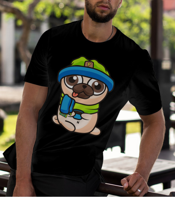 Pug Dog In Cozy Winter Hat And Scarf With Controller T-Shirt