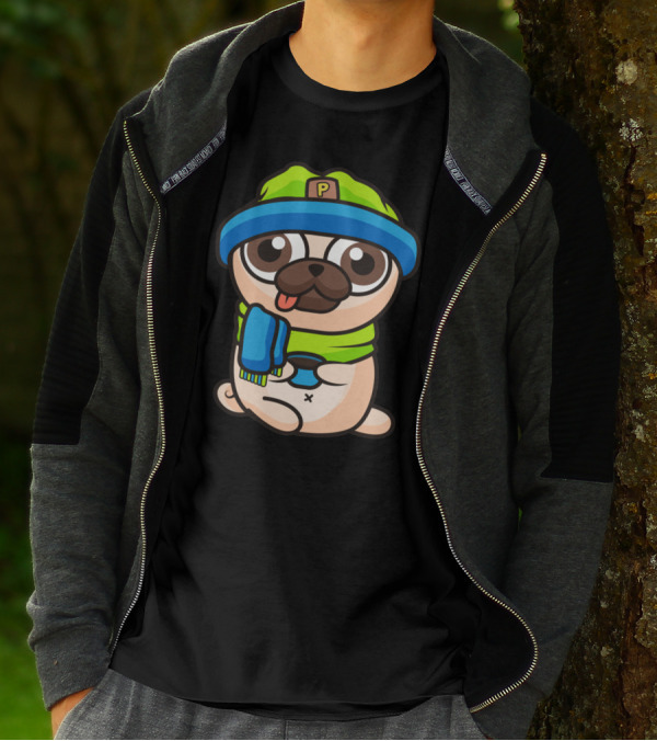 Pug Dog In Cozy Winter Hat And Scarf With Controller T-Shirt