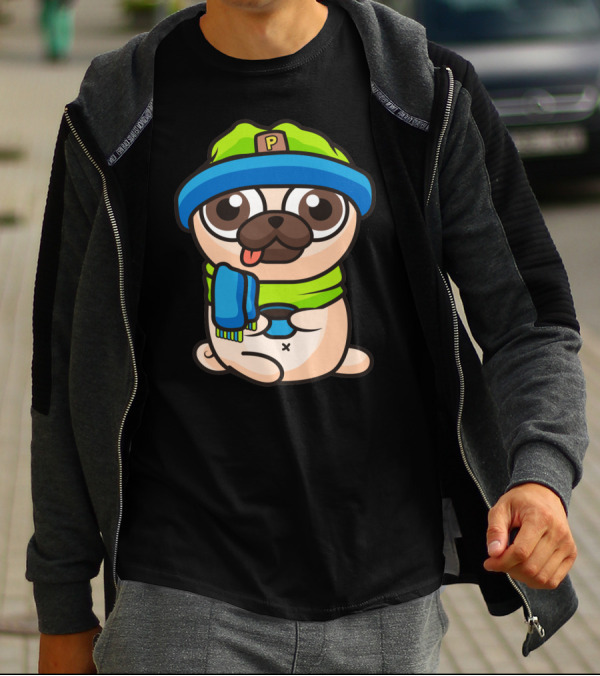 Pug Dog In Cozy Winter Hat And Scarf With Controller T-Shirt