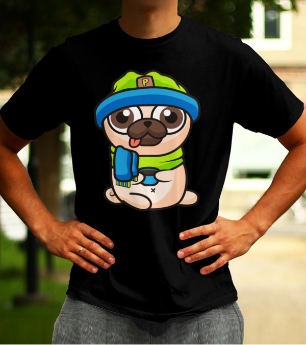 Pug Dog In Cozy Winter Hat And Scarf With Controller T-Shirt