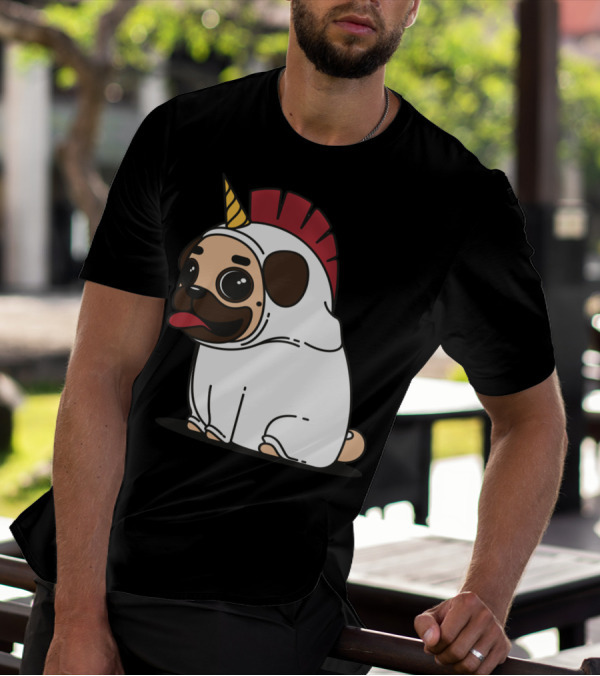 Cute Pug Dog Tandu Unicorn Costume With Red Mohawk T-Shirt