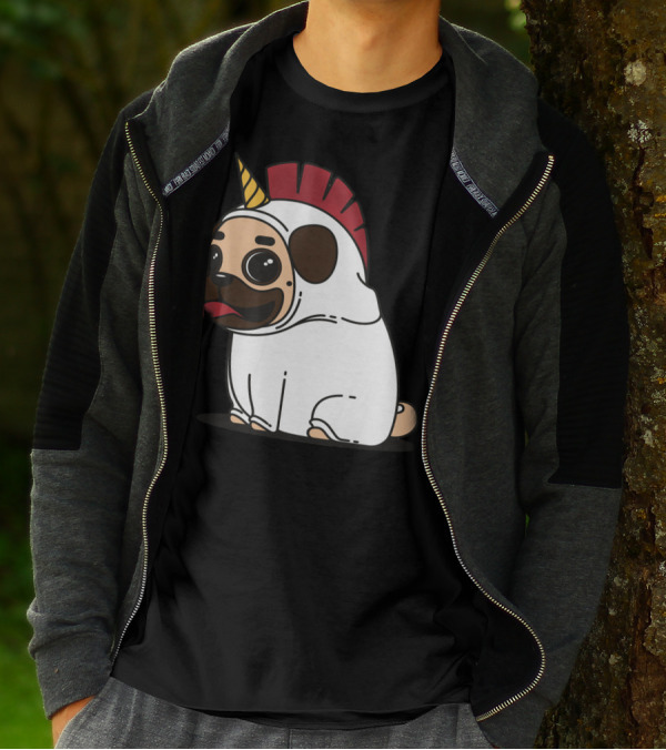 Cute Pug Dog Tandu Unicorn Costume With Red Mohawk T-Shirt