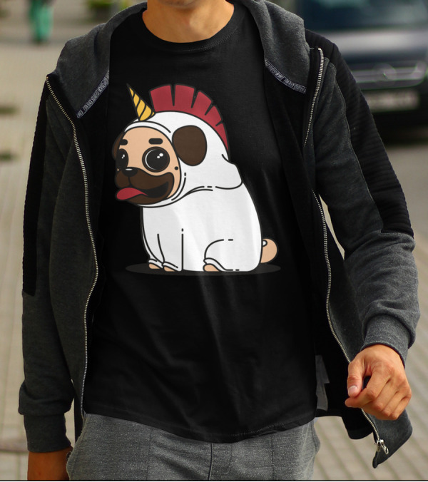 Cute Pug Dog Tandu Unicorn Costume With Red Mohawk T-Shirt