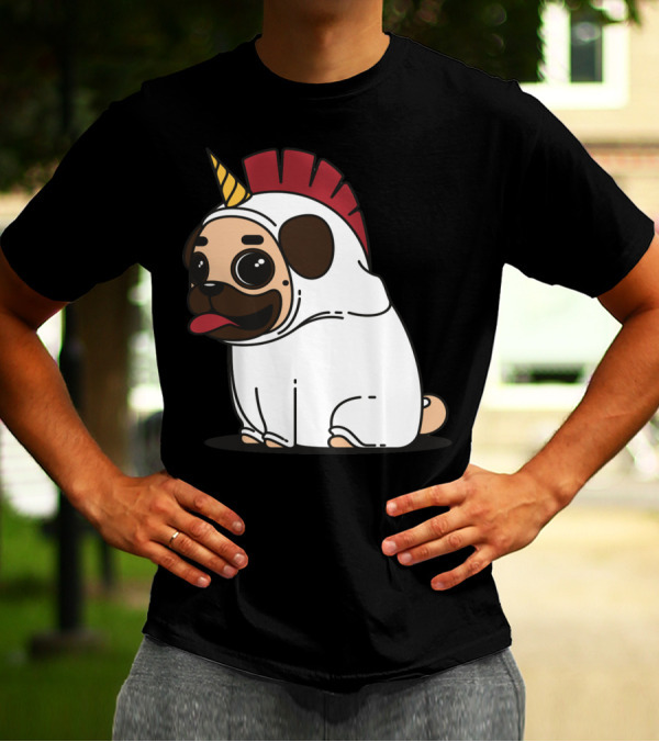 Cute Pug Dog Tandu Unicorn Costume With Red Mohawk T-Shirt