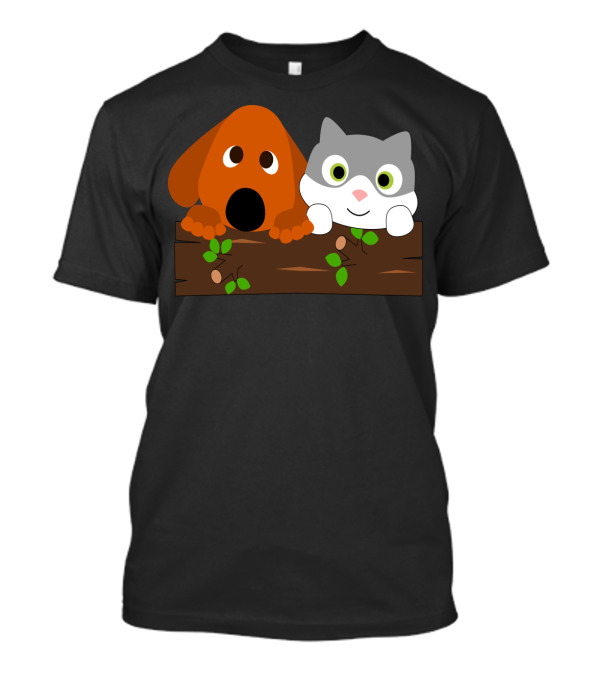 Baby Decoration Cat And Dog On Wooden Log Illustration Stuff T-Shirt