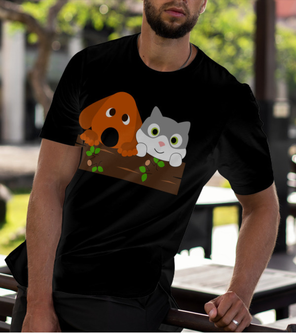 Baby Decoration Cat And Dog On Wooden Log Illustration Stuff T-Shirt