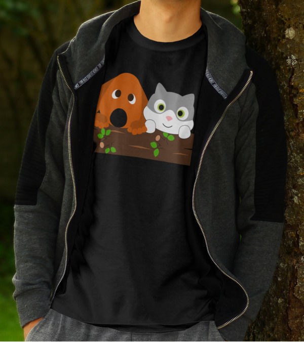 Baby Decoration Cat And Dog On Wooden Log Illustration Stuff T-Shirt