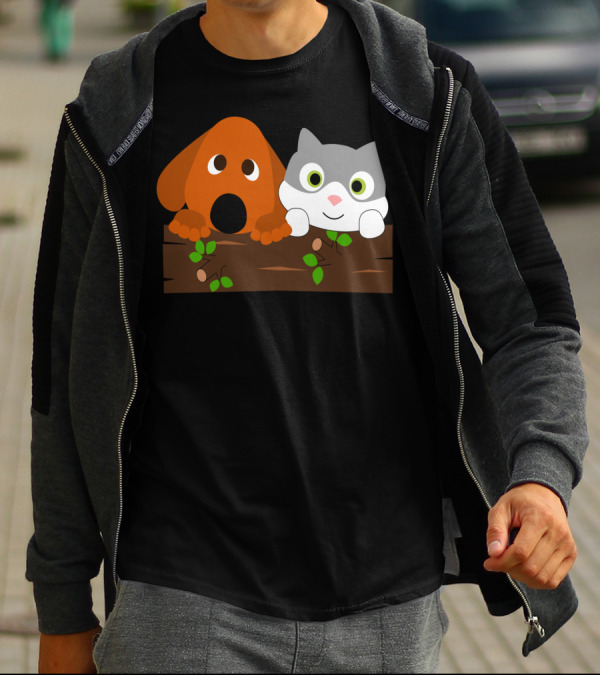 Baby Decoration Cat And Dog On Wooden Log Illustration Stuff T-Shirt