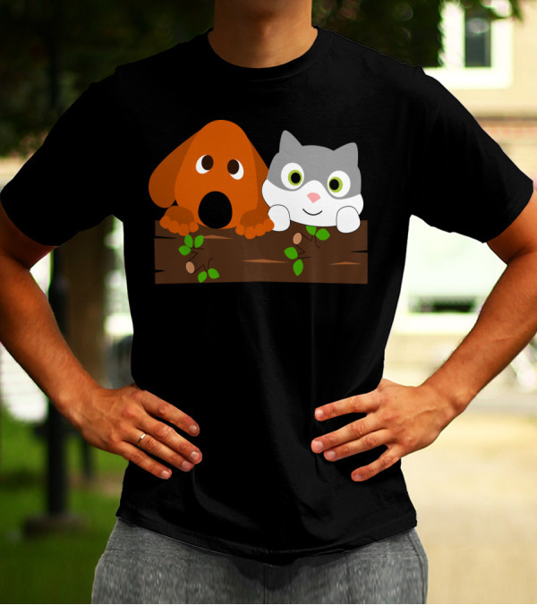 Baby Decoration Cat And Dog On Wooden Log Illustration Stuff T-Shirt