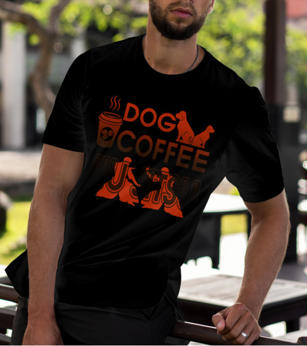 Dog Coffee Jiu Jitsu With Cup And Silhouette Grappling And Dogs T-Shirt
