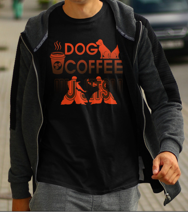 Dog Coffee Jiu Jitsu With Cup And Silhouette Grappling And Dogs T-Shirt