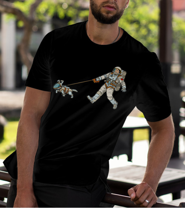 Astronaut Dog Leading Human In Space Adventure T-Shirt