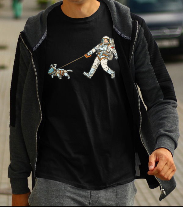 Astronaut Dog Leading Human In Space Adventure T-Shirt
