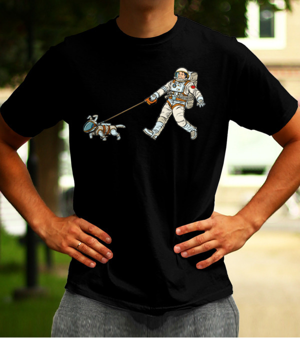 Astronaut Dog Leading Human In Space Adventure T-Shirt