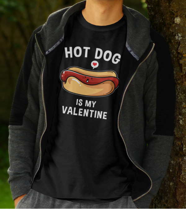 Hot Dog Is My Valentine Cute Food Romance Graphic With Heart Detail T-Shirt