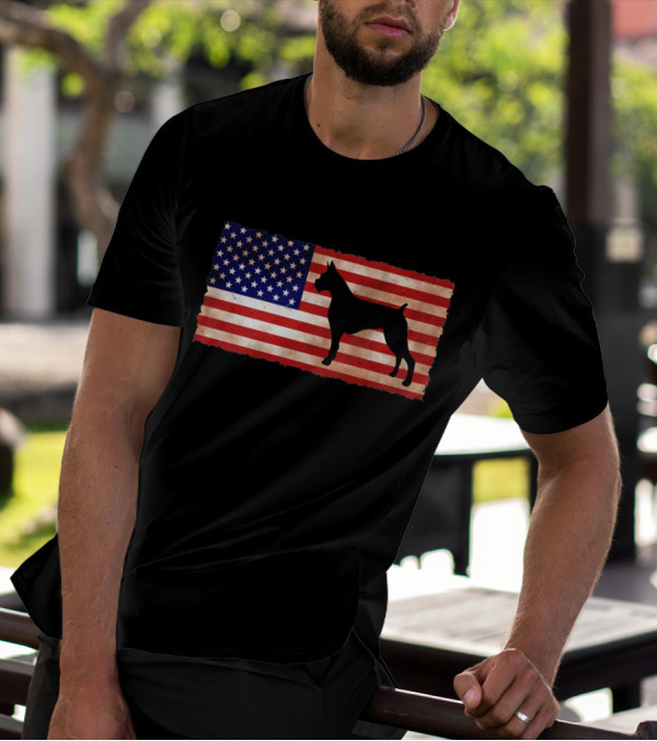 Boxer Dog Silhouette On Distressed American Flag T-Shirt
