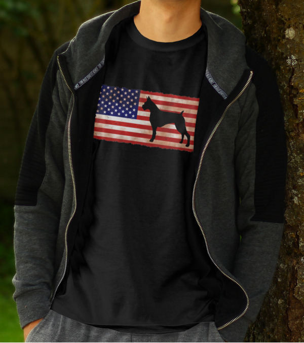 Boxer Dog Silhouette On Distressed American Flag T-Shirt