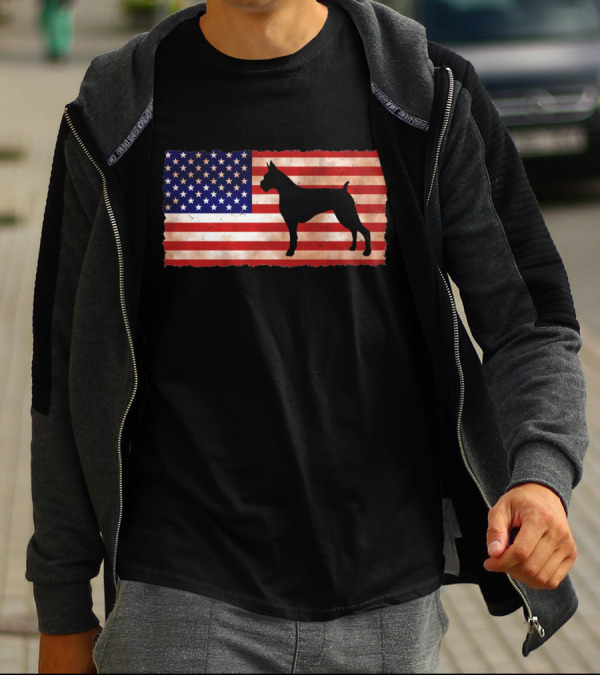 Boxer Dog Silhouette On Distressed American Flag T-Shirt
