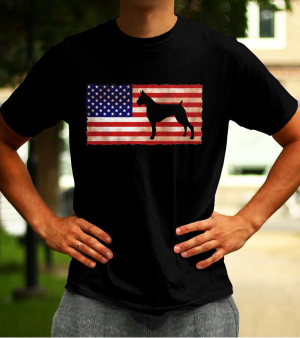 Boxer Dog Silhouette On Distressed American Flag T-Shirt