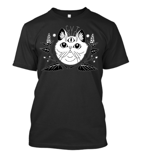 CVTNIP Three-Eyed Cat With Plant Elements And Cosmic Symbols T-Shirt
