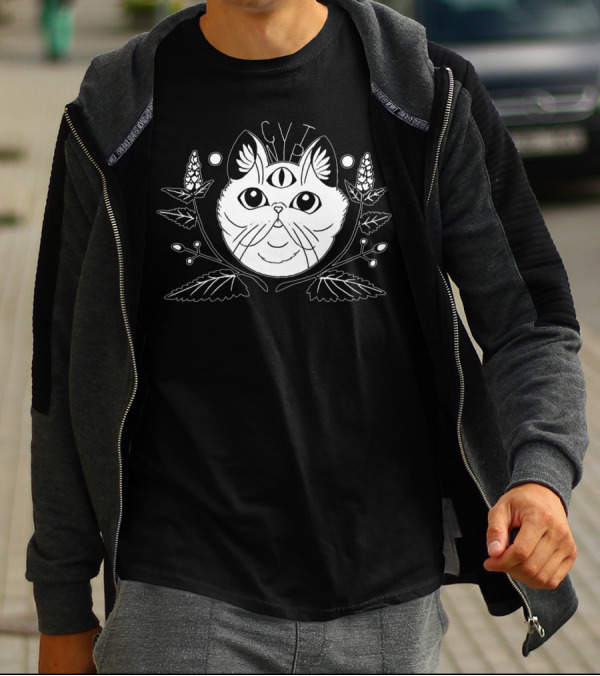 CVTNIP Three-Eyed Cat With Plant Elements And Cosmic Symbols T-Shirt