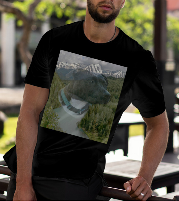 Call Of The Wild Scenic Mountain Landscape With Dog And Forest River Reflection T-Shirt