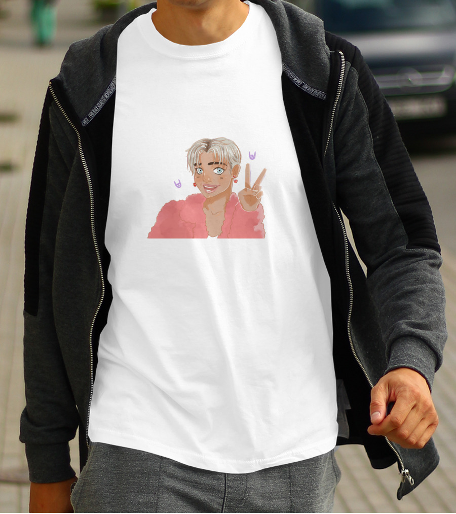 Brad Mondo Cartoon Peace Sign Character With Pastel Pink Jacket And Playful Expressions T-Shirt