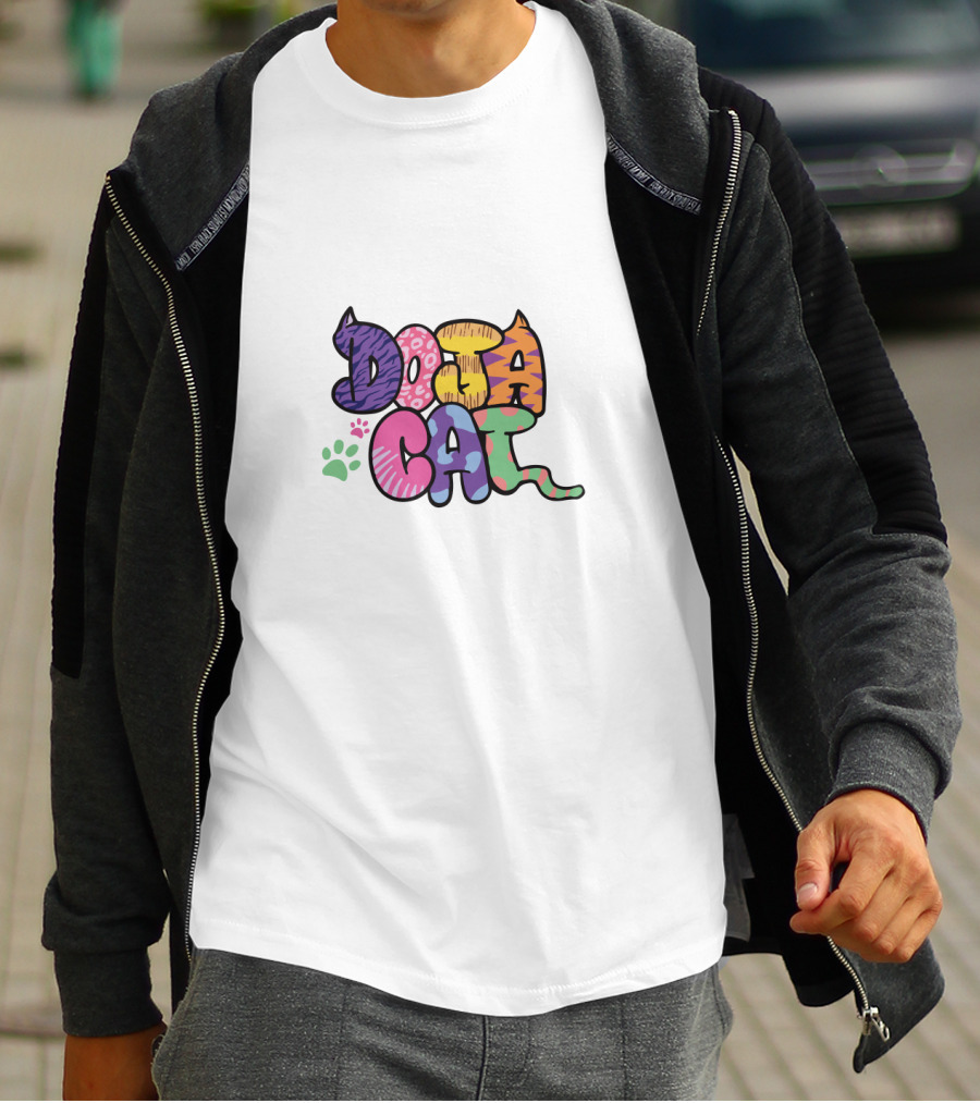 Doja Cat Colorful Patterned Text With Cat Ears And Paw Prints T-Shirt
